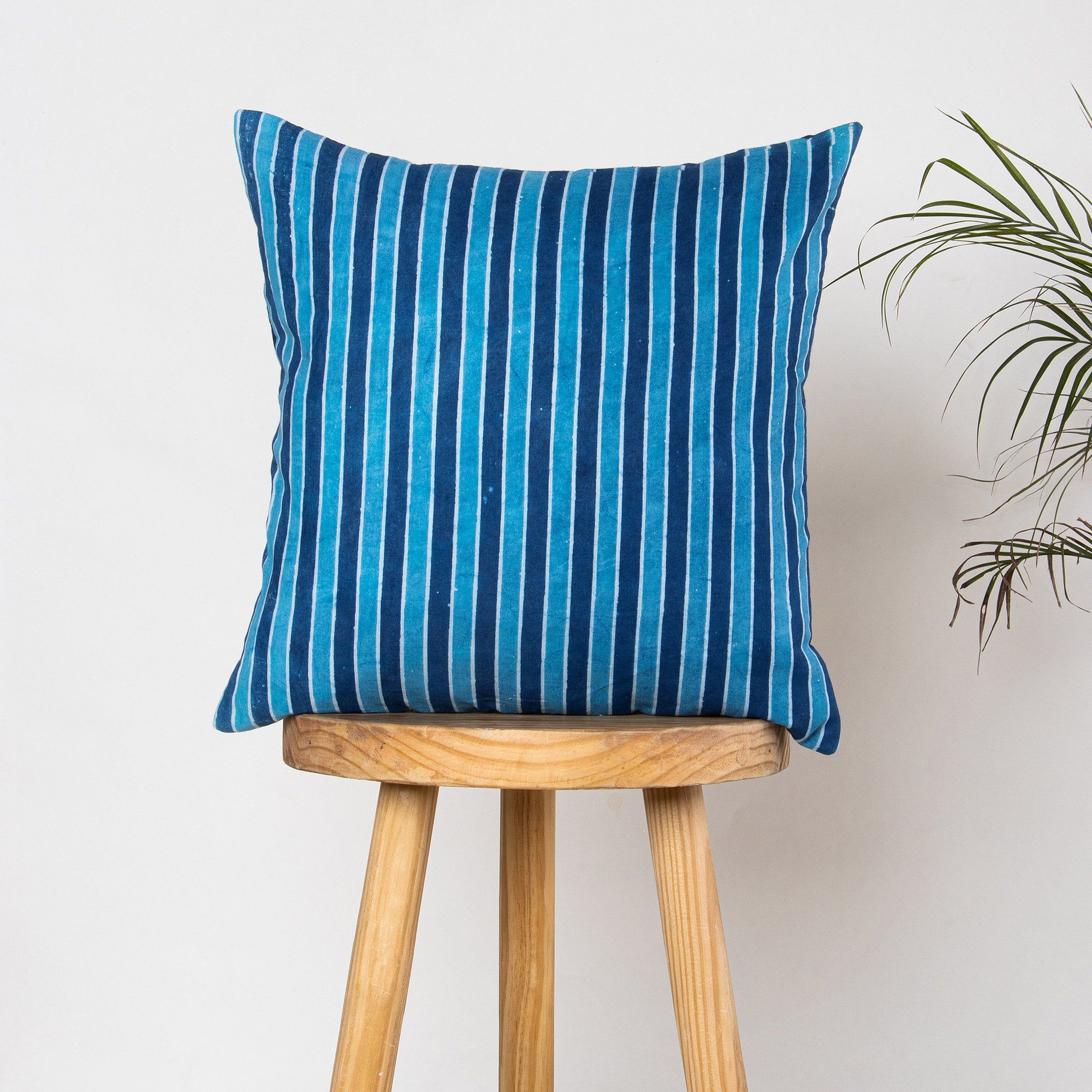 Stripes Hand Block Blue Printed Cotton Cushion Cover 16x16